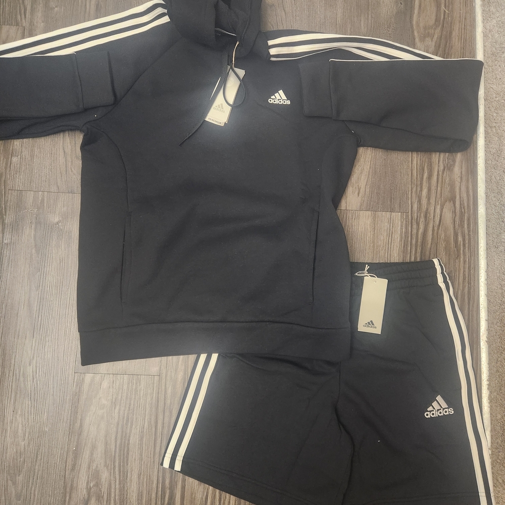 BWT Adidas Original Fleece Hoodie Shorts Sweatshirt Black /White Outfit
